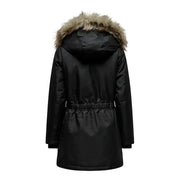 Black women’s winter parka with plush light brown fur-lined hood and elastic drawstring waist for cold weather