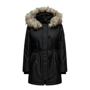 Black women’s winter parka with plush light brown faux fur hood lining and front button closure with pockets