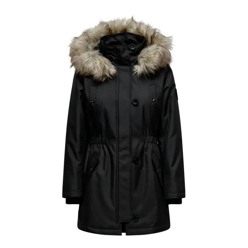 Black women’s winter parka with plush light brown faux fur hood lining and front button closure with pockets