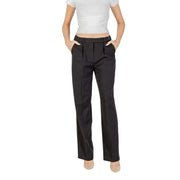 Black zip-front pleated trousers for women, straight-leg cut with subtle texture