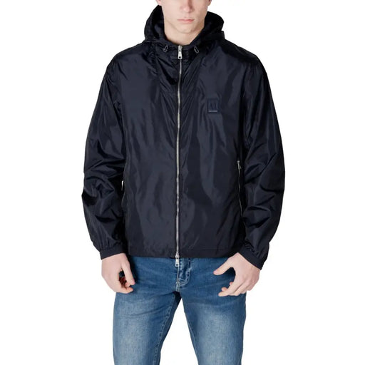 Veste coupe-vent à capuche bleu marine pour homme avec fermeture éclair intégrale de Armani Exchange