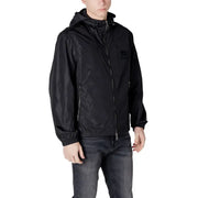 Black zip hooded long blazer by armani exchange with subtle sheen and front and side zippers in black fabric