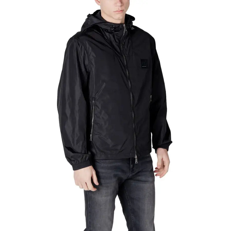 Black zip hooded long blazer by armani exchange with subtle sheen and front and side zippers in black fabric