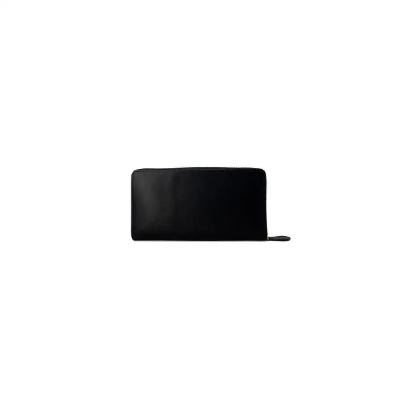 Black zippered wallet made of leather featuring a gold logo, stylish and functional design