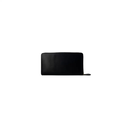 Black zippered wallet made of leather featuring a gold logo, stylish and functional design