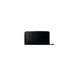 Black zippered wallet made of leather featuring a gold logo, stylish and functional design