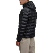 Black down jacket with hood and zipper, water-resistant material.
