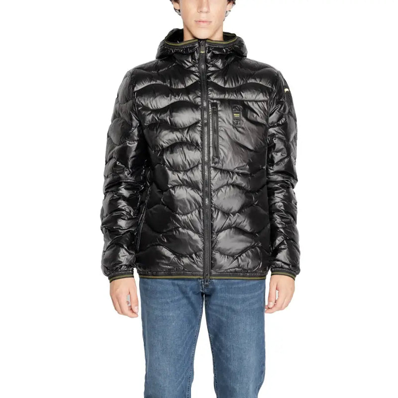 Blauer black quilted hooded puffer jacket in lightweight polyamide with subtle olive green trim shown from the back