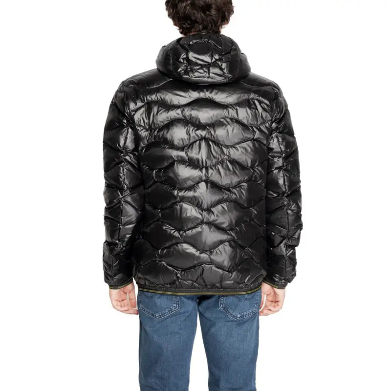 Blauer black hooded puffer jacket in lightweight polyamide with glossy finish and olive green trim along the hem
