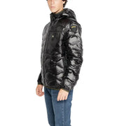 Blauer black hooded puffer jacket in lightweight polyamide featuring a glossy finish and gold trim along edges