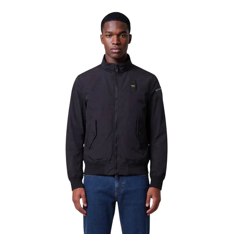 Blauer men blazer black polyamide bomber jacket with zippered front, subtle yellow logo on chest and sleeve, and pockets