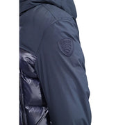 Blazer bleu marine foncé pour homme, veste matelassée à capuche en nylon mélangé, avec devant matelassé brillant et logo écusson brodé sur l'épaule