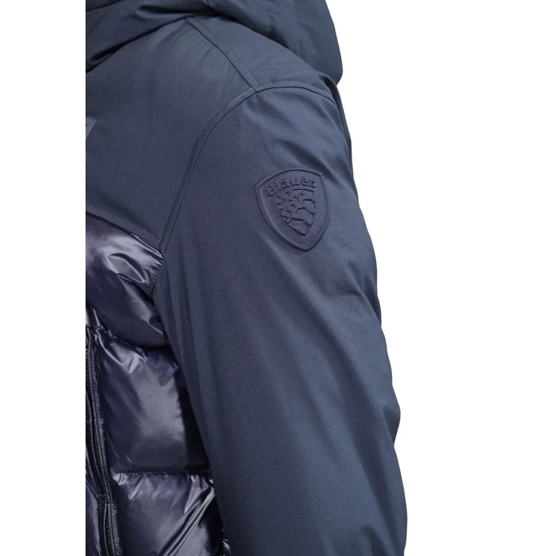Blazer bleu marine foncé pour homme, veste matelassée à capuche en nylon mélangé, avec devant matelassé brillant et logo écusson brodé sur l'épaule