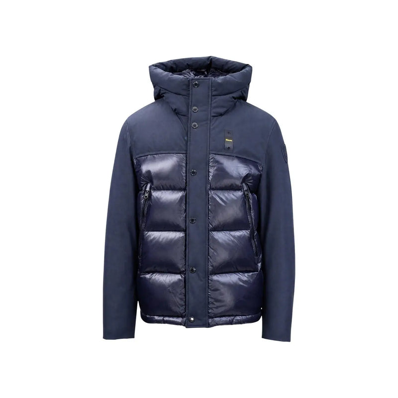 Blauer Blazer bleu marine à capuche pour homme, en mélange de nylon, avec capuche matelassée et fermeture boutonnée sur le devant.