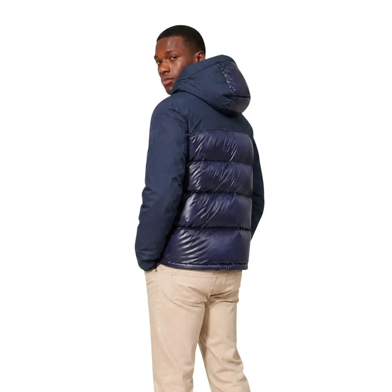 Doudoune homme bleu foncé en nylon mélangé, dos matelassé et capuche, vue de dos
