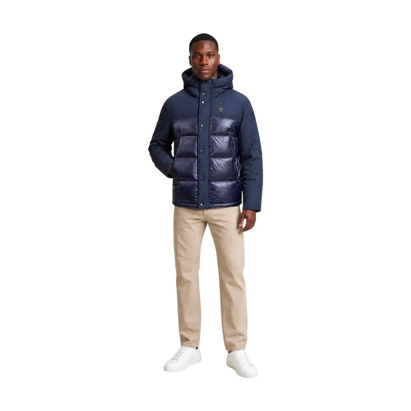 Blauer Blazer à capuche bleu marine pour homme, en mélange de nylon, doudoune matelassée bleu marine avec logo discret sur la poitrine