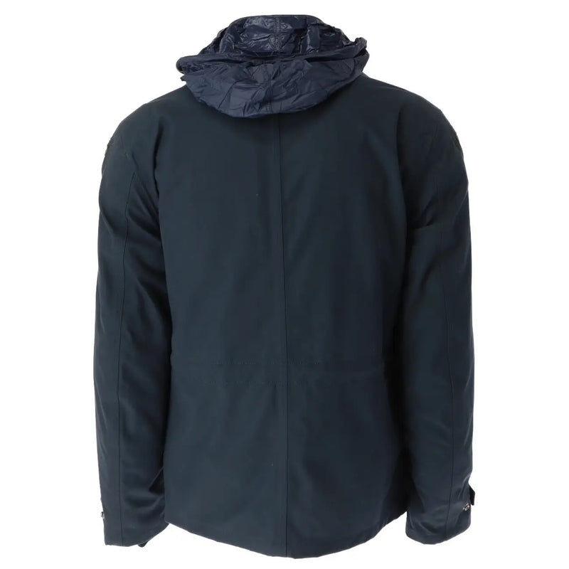 Blauer Veste d'hiver à capuche bleue pour homme, en mélange de coton bleu marine foncé avec doublure intérieure brillante et imperméable.
