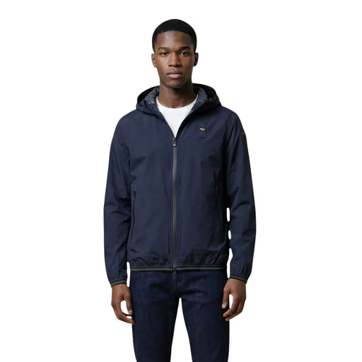 Navy blue polyamide Blauer men hooded blazer jacket with subtle chest logo patch and matching zipper details