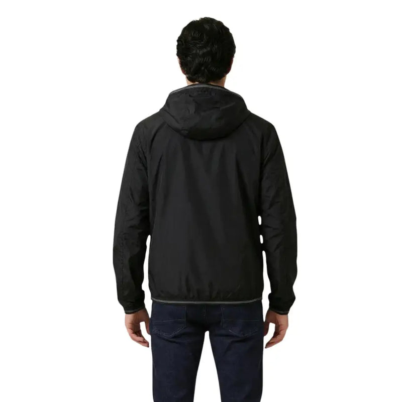 Blauer Blazer à capuche pour homme, veste en polyamide noir avec de subtiles finitions grises au col et à l'ourlet.