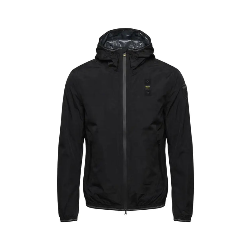 Blauer Blazer à capuche pour homme, veste en polyamide noir 26sbluc11018, en tissu élégant et résistant à l'eau, avec logo discret jaune sur la poitrine.
