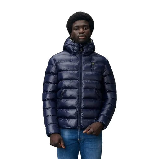 Doudoune matelassée en nylon bleu marine avec capuche et fermeture éclair sur le devant de Blauer collection de blazers à capuche en nylon bleu pour hommes