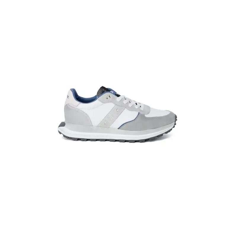 Blauer Baskets homme en cuir gris à lacets, pointure 1, en daim gris et blanc avec des détails bleus sur la languette et la doublure du talon.