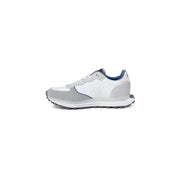 Blauer Baskets homme en cuir gris à lacets, avec un design athlétique blanc et gris et des accents bleus