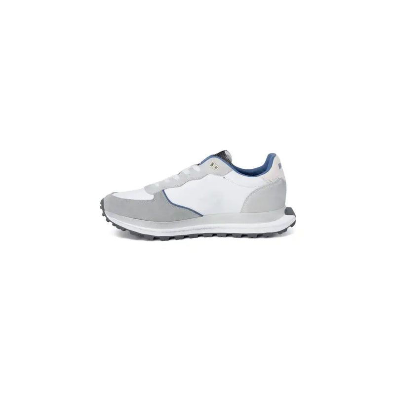 Blauer Baskets homme en cuir gris à lacets, avec un design athlétique blanc et gris et des accents bleus