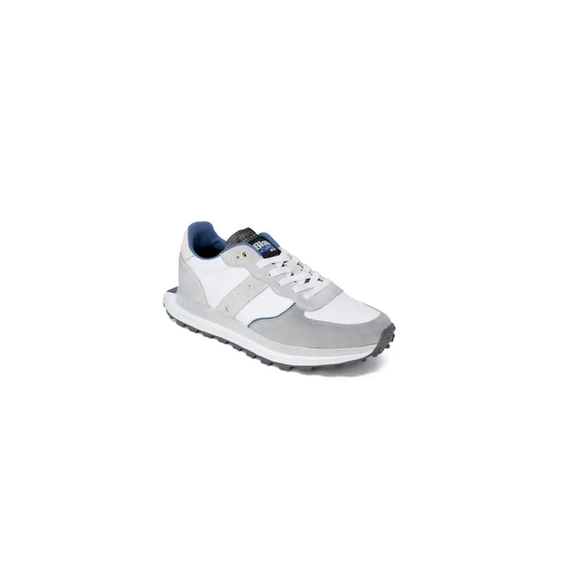 Blauer Baskets homme en cuir gris à lacets, ornées de motifs blancs et gris et de détails bleu marine, avec une semelle texturée.