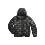 Blauer Doudoune matelassée noire à capuche en polyamide blanc pour homme, avec logo jaune sur la manche. Collection printemps-été.