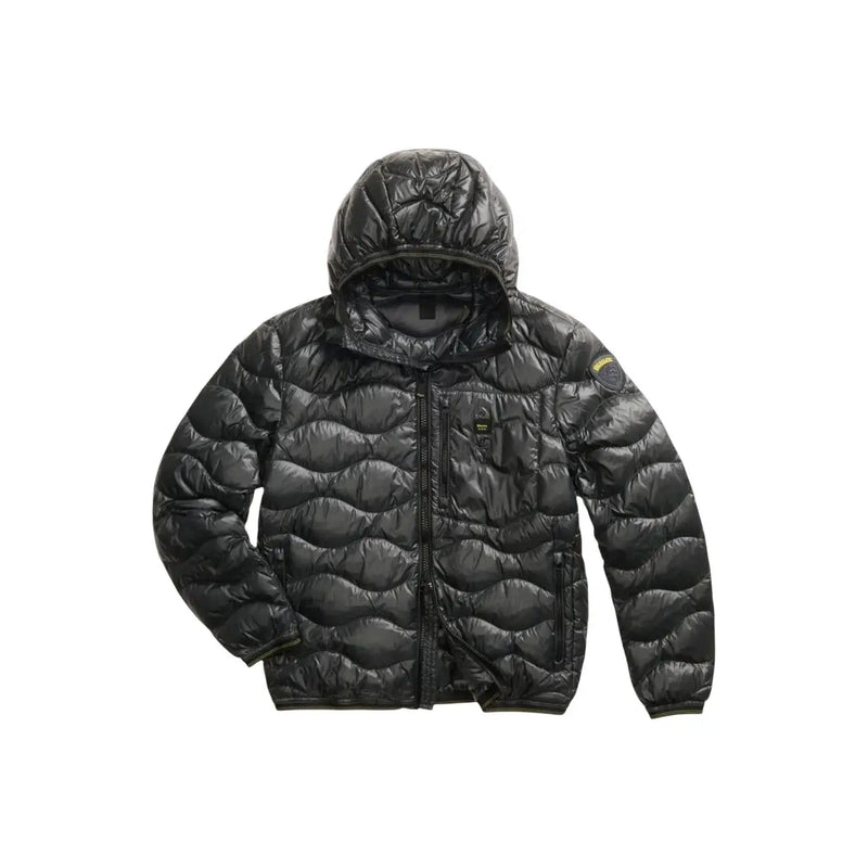 Blauer Doudoune matelassée noire à capuche en polyamide blanc pour homme, avec logo jaune sur la manche. Collection printemps-été.
