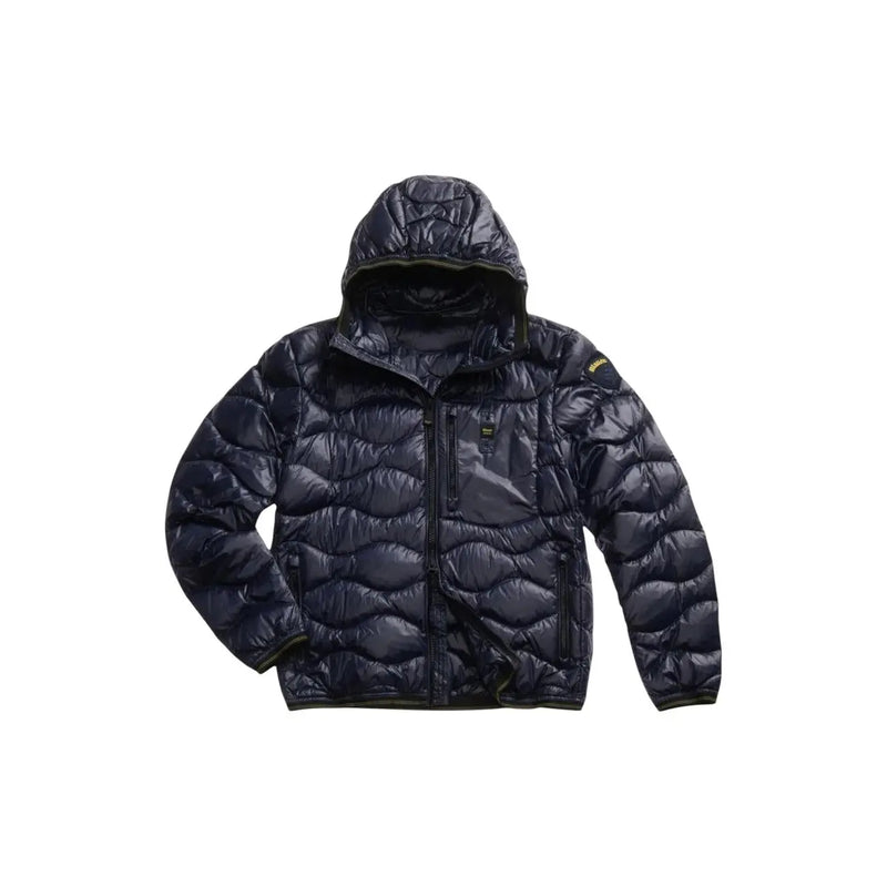 Doudoune matelassée bleu marine foncé à capuche avec logo jaune discret sur la manche, issue de la collection printemps-été homme de Blauer.