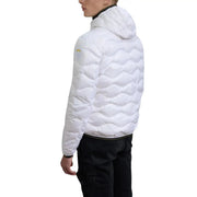 Blauer Doudoune matelassée blanche en polyamide pour homme, avec capuche et logo jaune discret, collection printemps-été