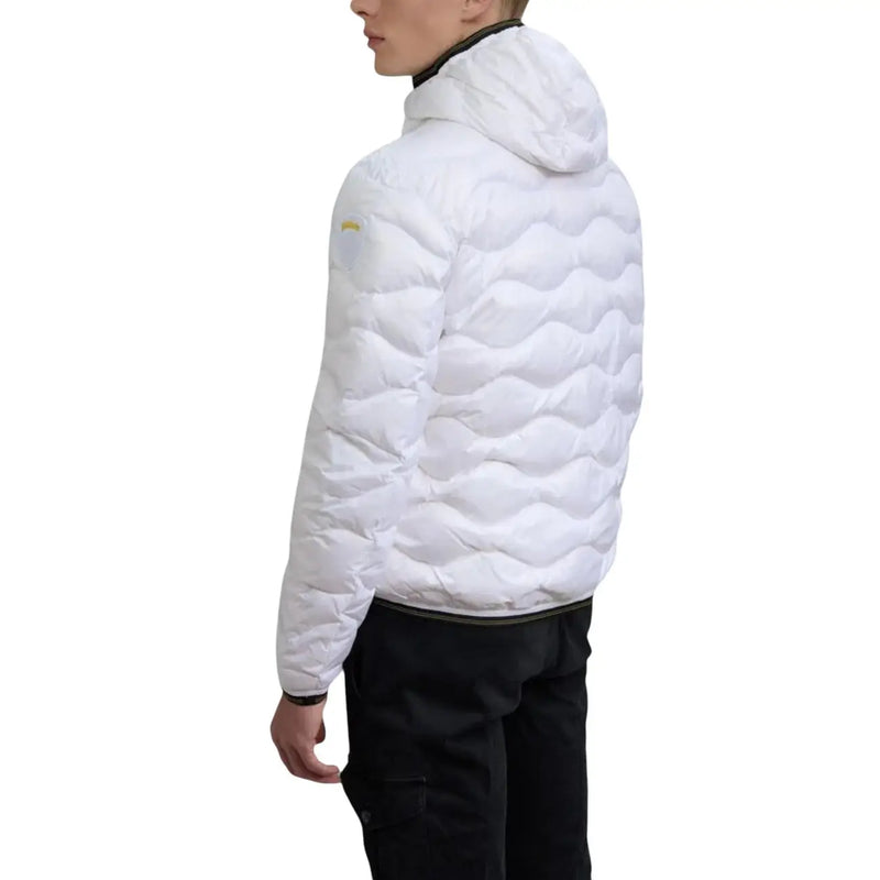 Blauer Doudoune matelassée blanche en polyamide pour homme, avec capuche et logo jaune discret, collection printemps-été