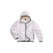 Blauer Doudoune matelassée blanche pour homme en polyamide avec fermeture éclair noire et capuche doublée en polaire beige, collection printemps-été