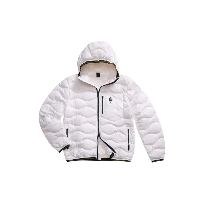 Blauer Doudoune matelassée blanche pour homme en polyamide avec fermeture éclair noire et capuche doublée en polaire beige, collection printemps-été