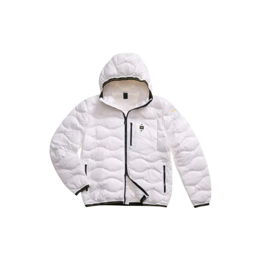 Blauer Doudoune matelassée blanche pour homme en polyamide avec fermeture éclair noire et capuche doublée en polaire beige, collection printemps-été