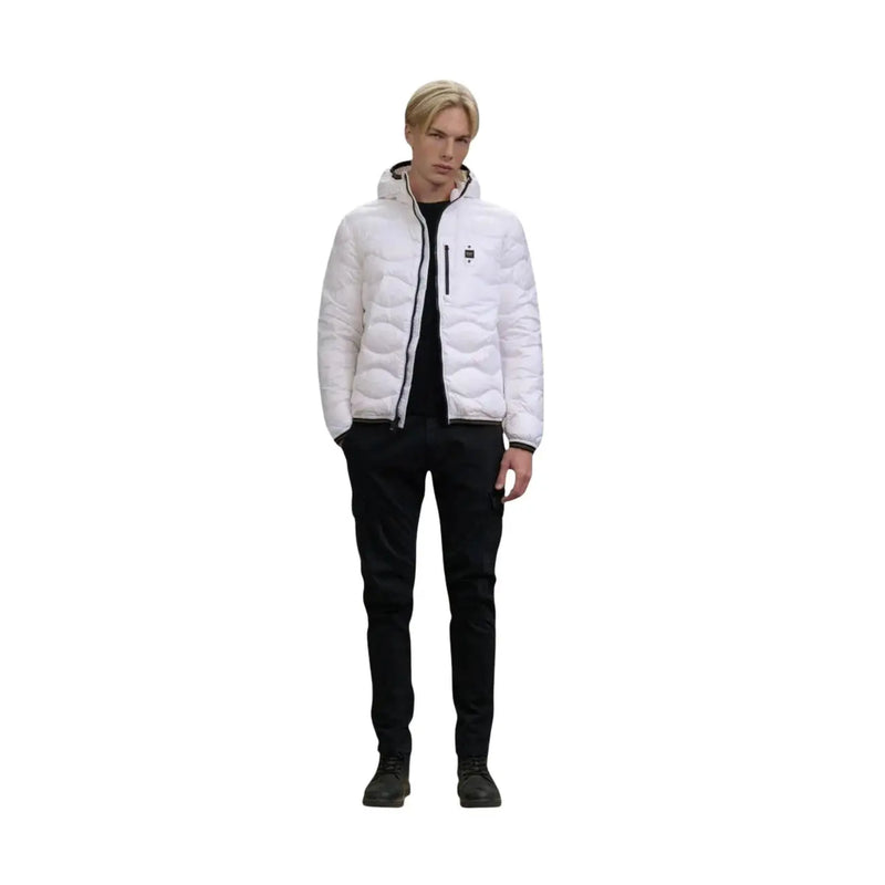 Blauer Doudoune blanche matelassée pour homme, à capuche et détails zippés noirs, en polyamide, collection printemps-été