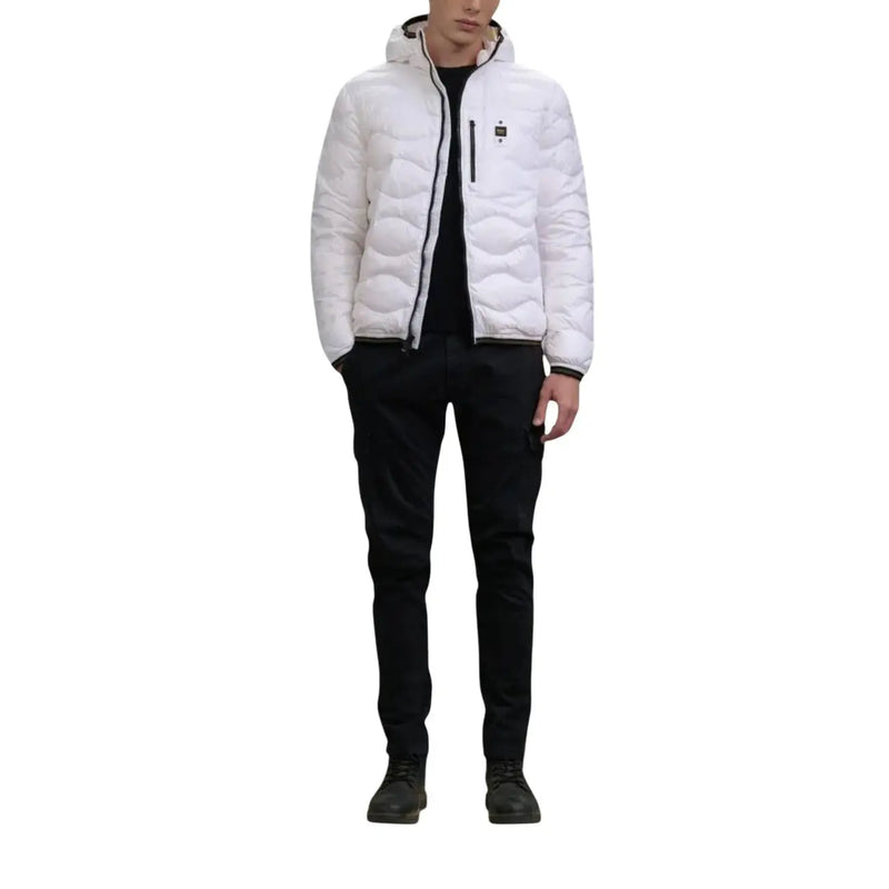 Blauer Doudoune blanche matelassée pour homme avec fermeture éclair noire et petit logo, en polyamide, collection printemps-été