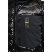 Blauer Blazer noir à capuche pour homme, veste zippée en polyamide matelassé brillant, poche avant zippée avec empiècement en cuir
