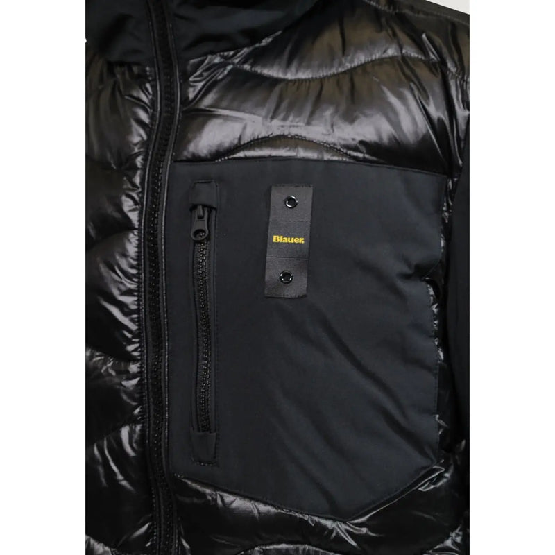 Blauer Blazer noir à capuche pour homme, veste zippée en polyamide matelassé brillant, poche avant zippée avec empiècement en cuir