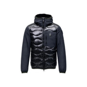 Blauer Blazer noir à capuche pour homme, veste zippée en polyamide avec matelassage et surpiqûres discrètes à motif ondulé.