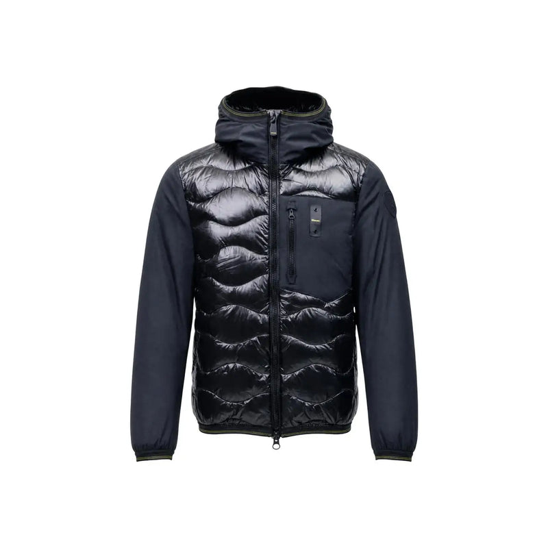 Blauer Blazer noir à capuche pour homme, veste zippée en polyamide avec matelassage et surpiqûres discrètes à motif ondulé.