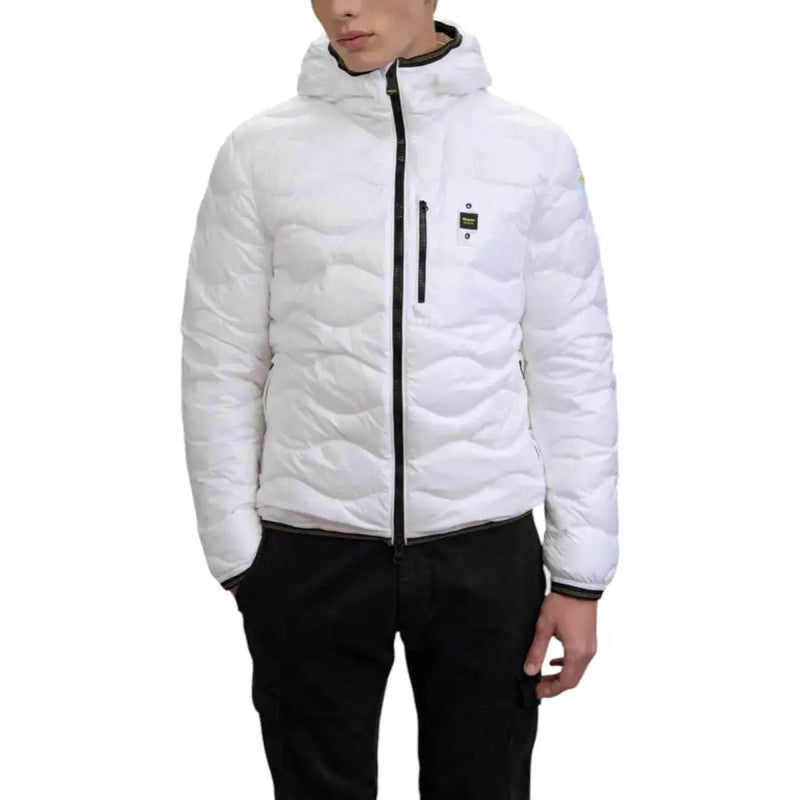 White quilted puffer jacket with hood and zipper, likely made of synthetic material for warmth.