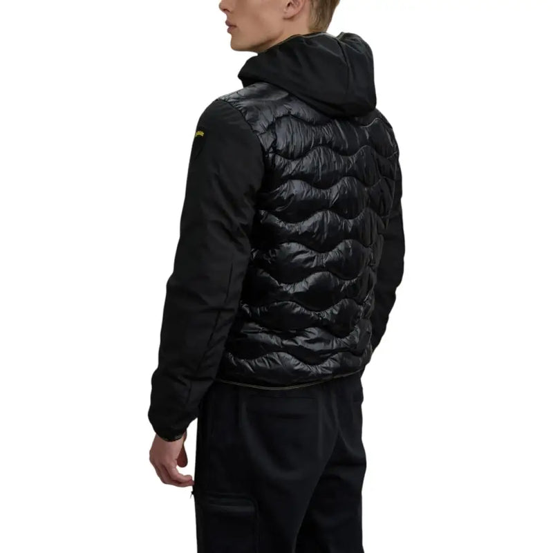 Black down jacket with hood and wave pattern design, north face model.