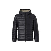 Blauer Doudoune matelassée à capuche pour homme en polyamide noir, légèrement brillante, avec doublure intérieure vert olive