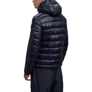 Black quilted down jacket with hood and zipper closure.