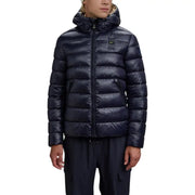 Navy blue down jacket with hood and zipper, featuring a subtle pattern on the collar.