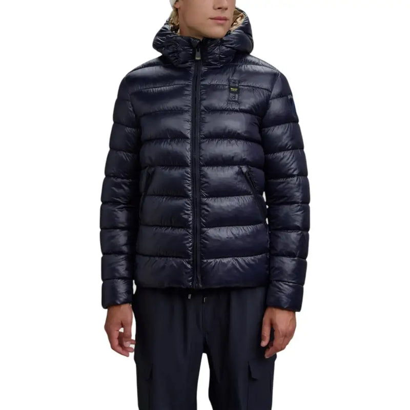 Navy blue down jacket with hood and zipper, featuring a subtle pattern on the collar.