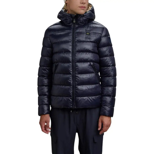 Navy blue down jacket with hood and zipper, featuring a subtle pattern on the collar.